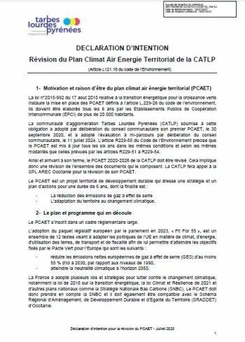 DECLARATION D’INTENTION Révision du Plan Climat Air Energie Territorial de la CATLP